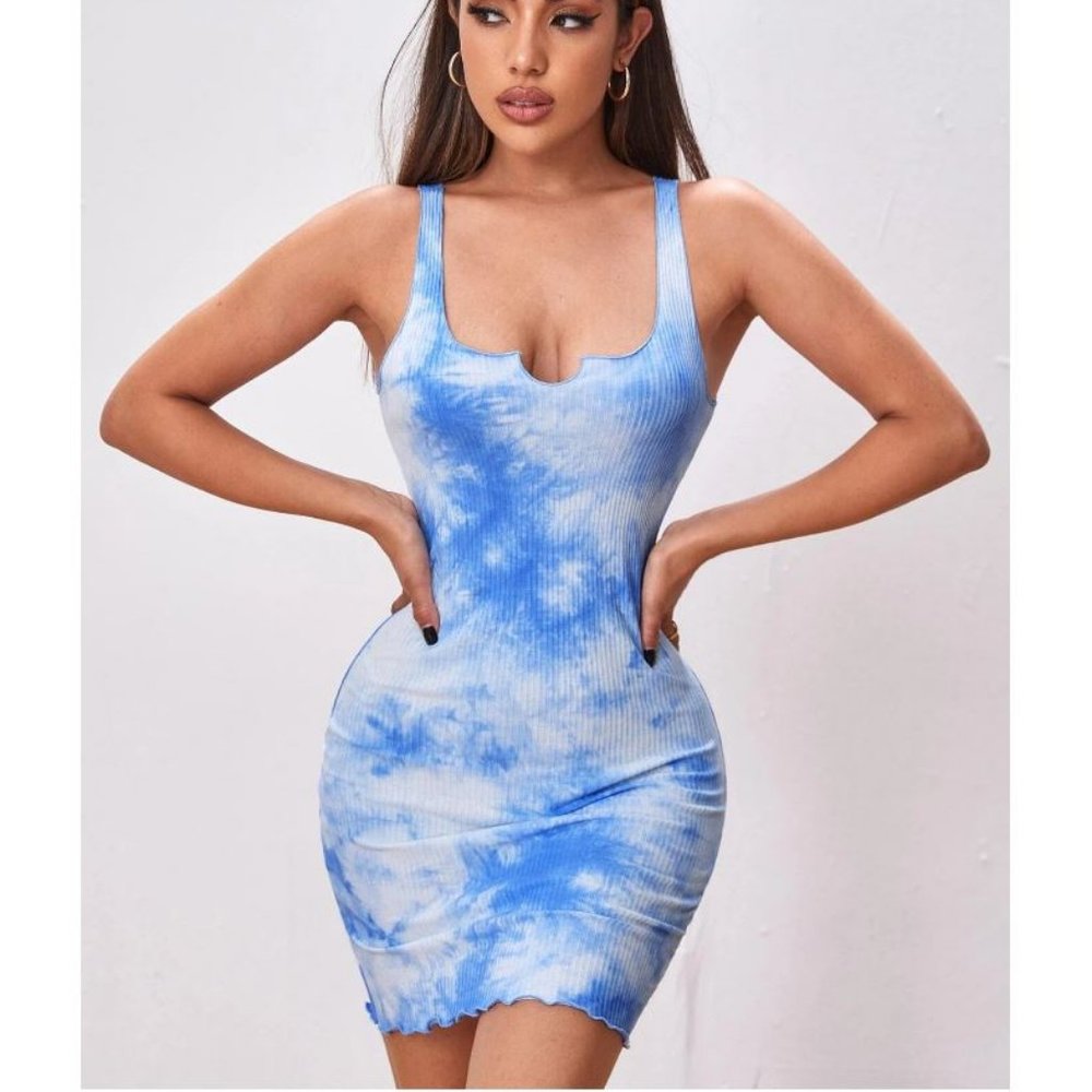 Notch Neck Baby Blue Tie Dye Ribbed Bodycon Dress Size Large